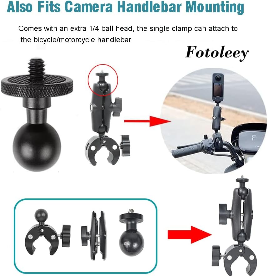 Fotoleey 360 Camera Motorcycle kit with Invisible Stick- Motorcycle Bike Handlebar Clamp Mount for Insta360 X4, X3, X2, GoPro Hero 12, Hero 11- Action Camera Motorcycle Mount Bike Mount Kit