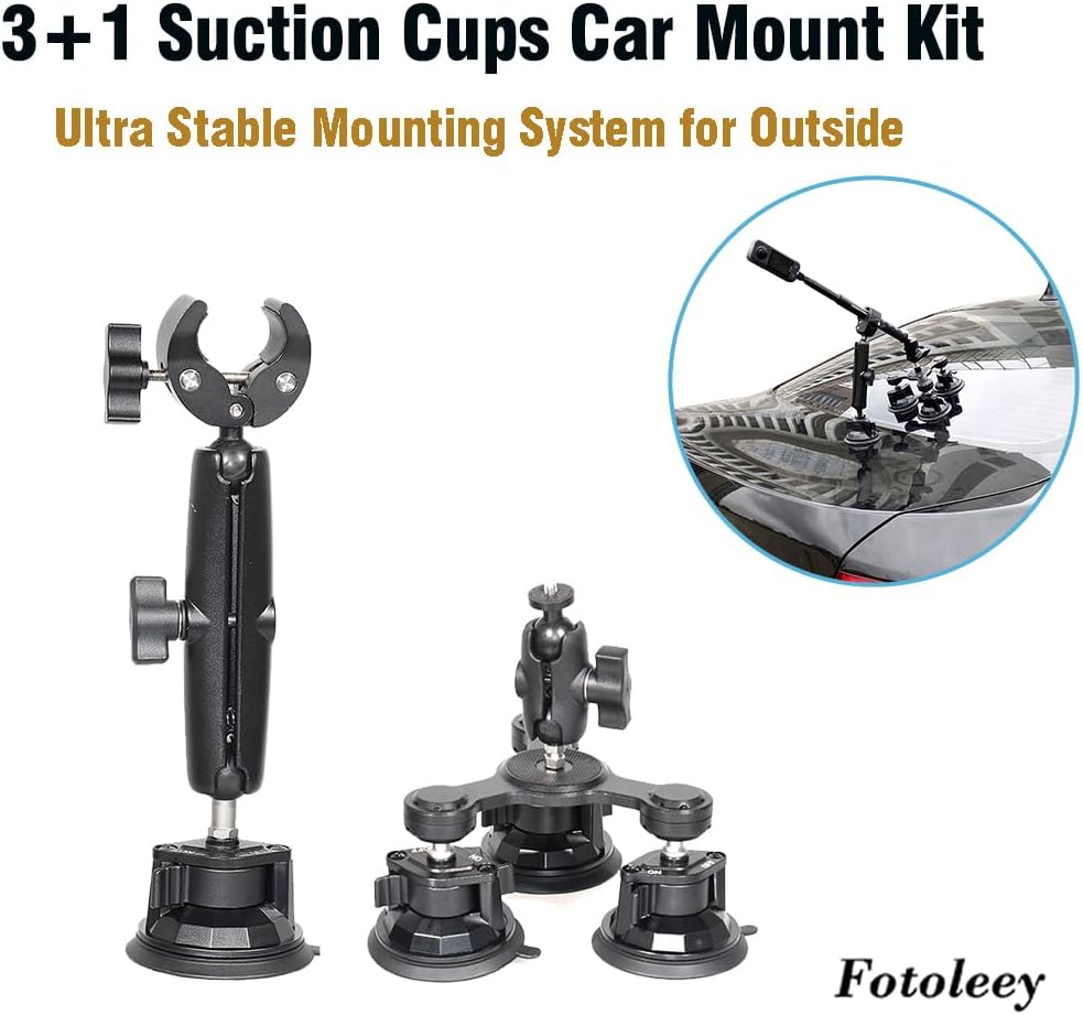 Camera Triple Suction Car Mount for Insta360 X5/X4/X3/Ace Pro, for GoPro Hero 13/12/11/10/9/8, with Big 4 Suction Cups, Stable, Adjustable, for Car Outside High Speed Vlogging (Stick Excluded)