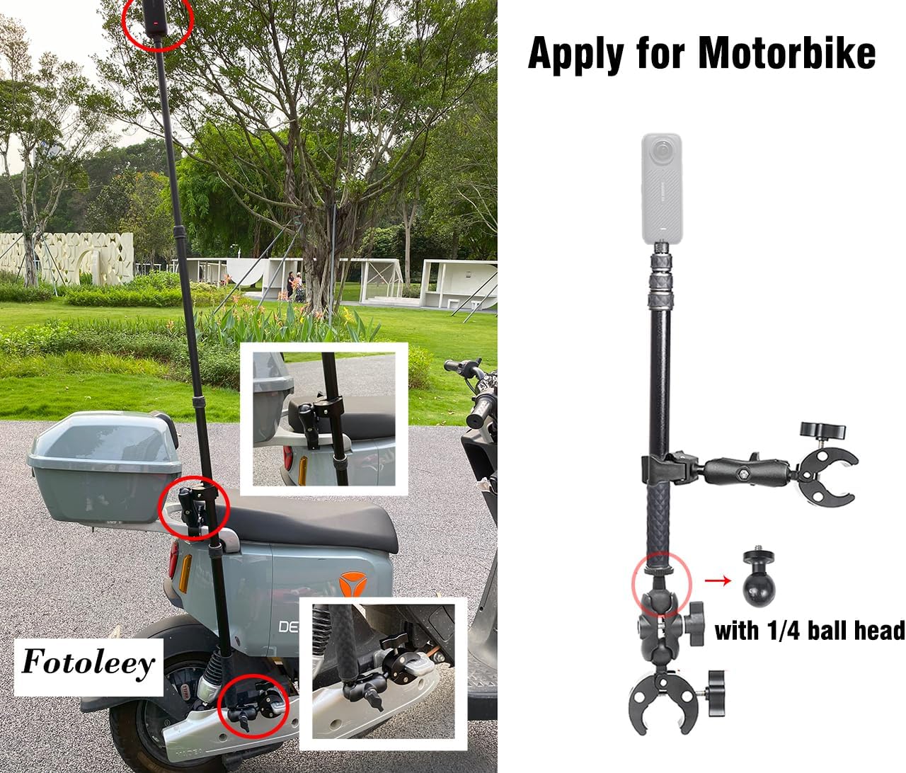 Fotoleey 360 Camera Motorcycle kit with Invisible Stick- Motorcycle Bike Handlebar Clamp Mount for Insta360 X4, X3, X2, GoPro Hero 12, Hero 11- Action Camera Motorcycle Mount Bike Mount Kit