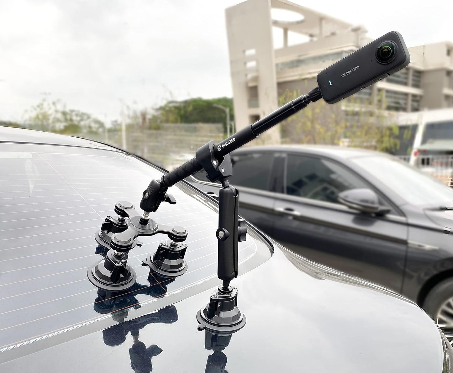 Camera Triple Suction Car Mount for Insta360 X5/X4/X3/Ace Pro, for GoPro Hero 13/12/11/10/9/8, with Big 4 Suction Cups, Stable, Adjustable, for Car Outside High Speed Vlogging (Stick Excluded)