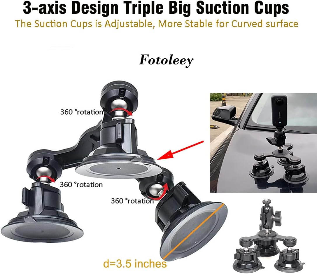Camera Triple Suction Car Mount for Insta360 X5/X4/X3/Ace Pro, for GoPro Hero 13/12/11/10/9/8, with Big 4 Suction Cups, Stable, Adjustable, for Car Outside High Speed Vlogging (Stick Excluded)