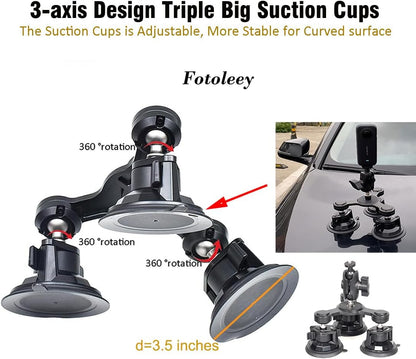 Camera Triple Suction Car Mount for Insta360 X5/X4/X3/Ace Pro, for GoPro Hero 13/12/11/10/9/8, with Big 4 Suction Cups, Stable, Adjustable, for Car Outside High Speed Vlogging (Stick Excluded)
