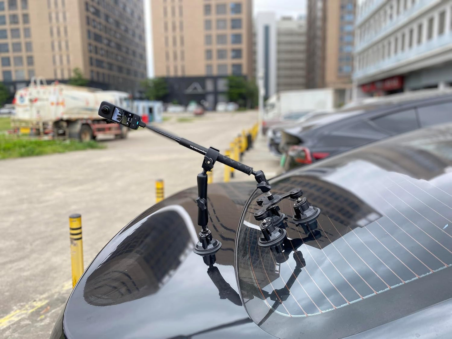 Camera Triple Suction Car Mount for Insta360 X5/X4/X3/Ace Pro, for GoPro Hero 13/12/11/10/9/8, with Big 4 Suction Cups, Stable, Adjustable, for Car Outside High Speed Vlogging (Stick Excluded)