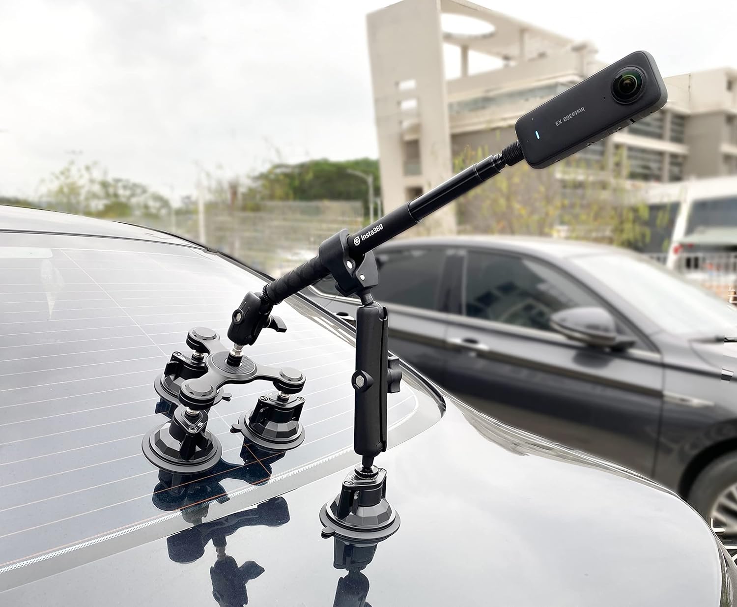 Camera Triple Suction Car Mount for Insta360 X5/X4/X3/Ace Pro, for GoPro Hero 13/12/11/10/9/8, with Big 4 Suction Cups, Stable, Adjustable, for Car Outside High Speed Vlogging (Stick Excluded)