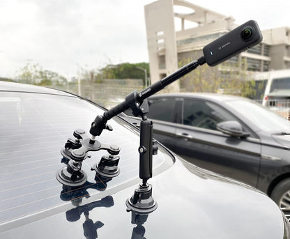 Camera Triple Suction Car Mount for Insta360 X5/X4/X3/Ace Pro, for GoPro Hero 13/12/11/10/9/8, with Big 4 Suction Cups, Stable, Adjustable, for Car Outside High Speed Vlogging (Stick Excluded)